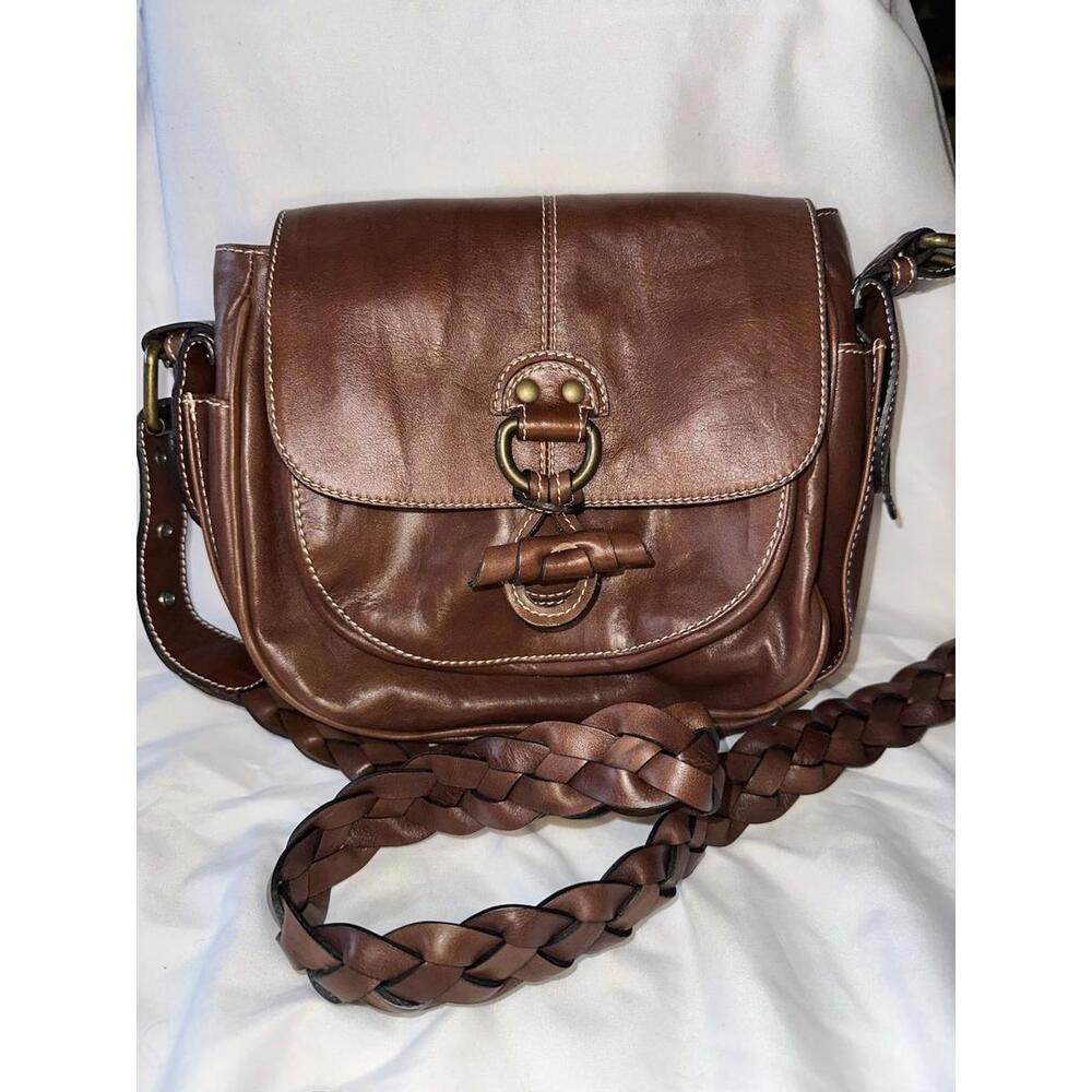 Le Tanneur Brown Braided Shoulder Bag Buckle Accent Gold Hardware Inner Pockets